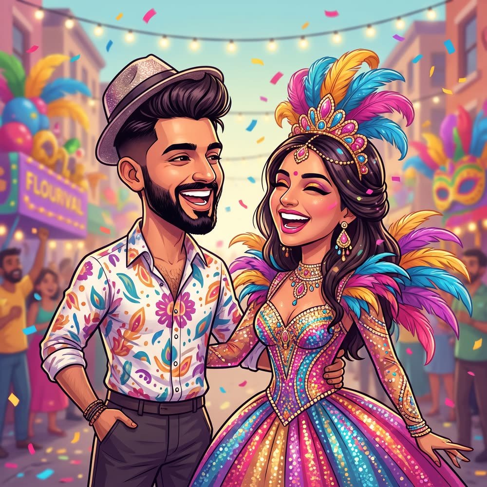 Caricature of Arjun and Kiara celebrating at the carnival