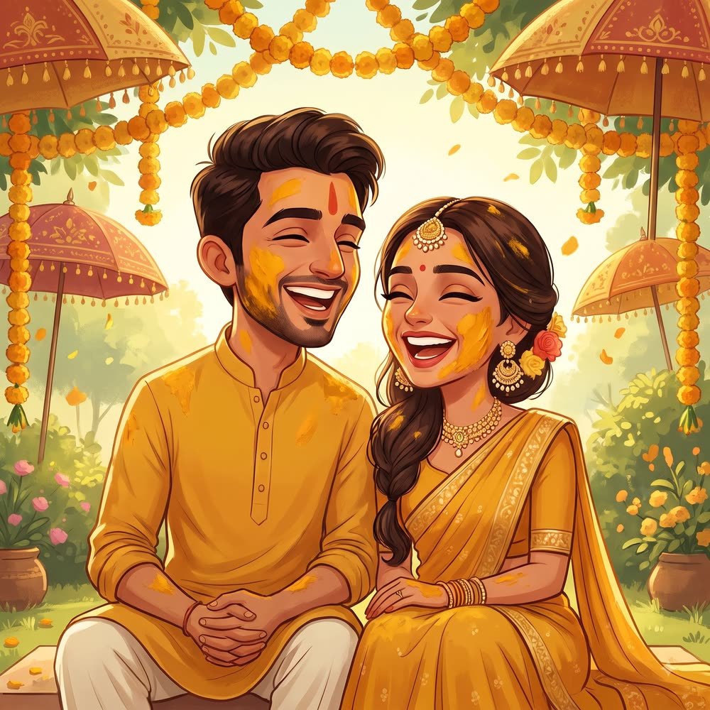 Caricature of the couple at their Haldi ceremony