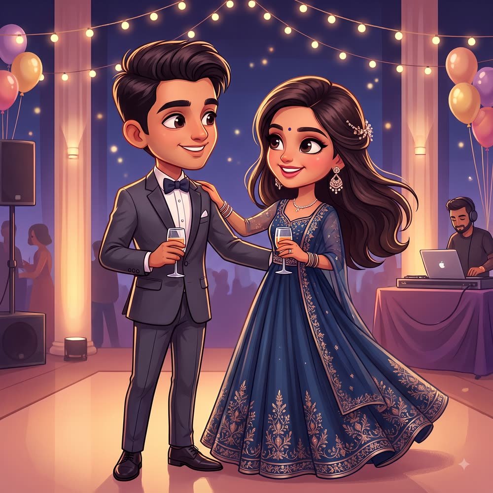 Caricature of the couple at their reception