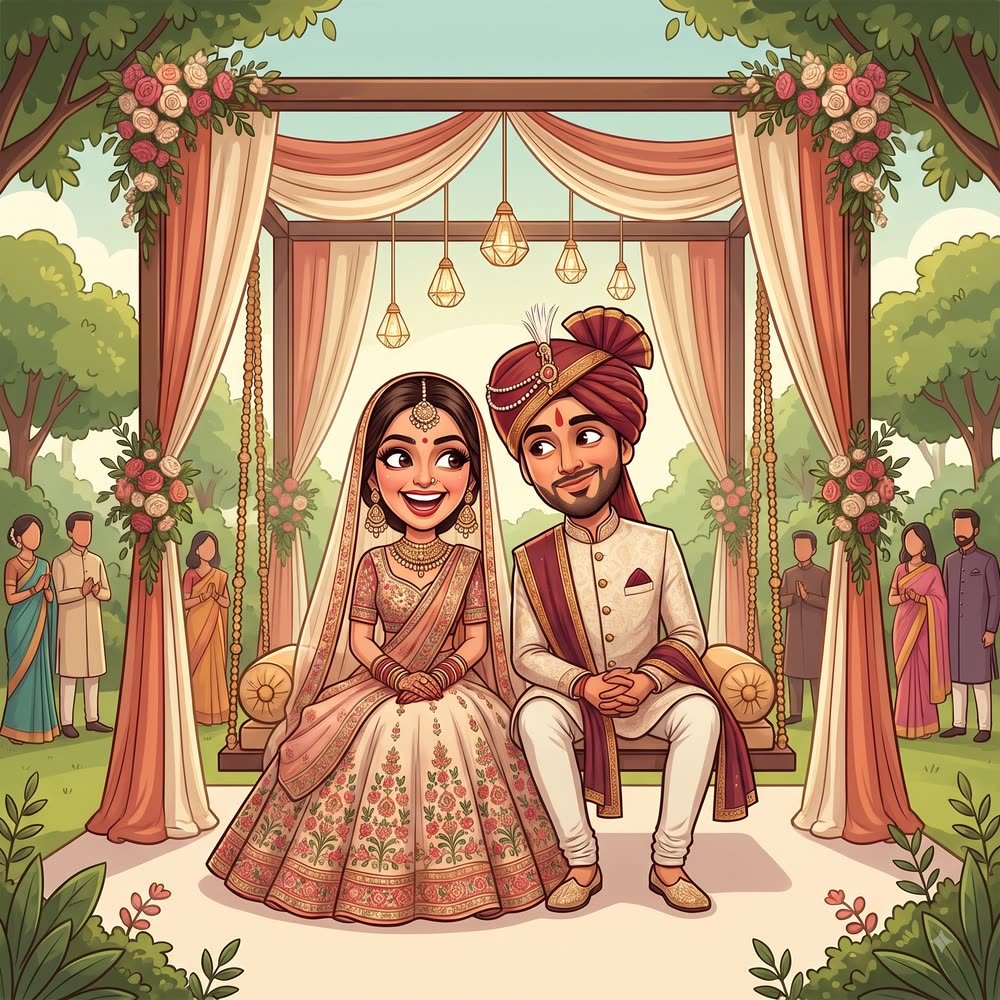 Caricature of Arjun and Kiara at the wedding mandap