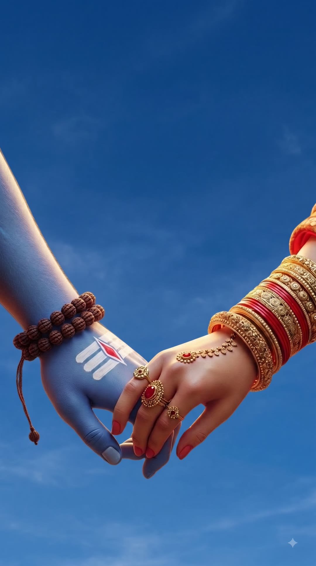 Shiv and Parvati hands joined against a blue sky